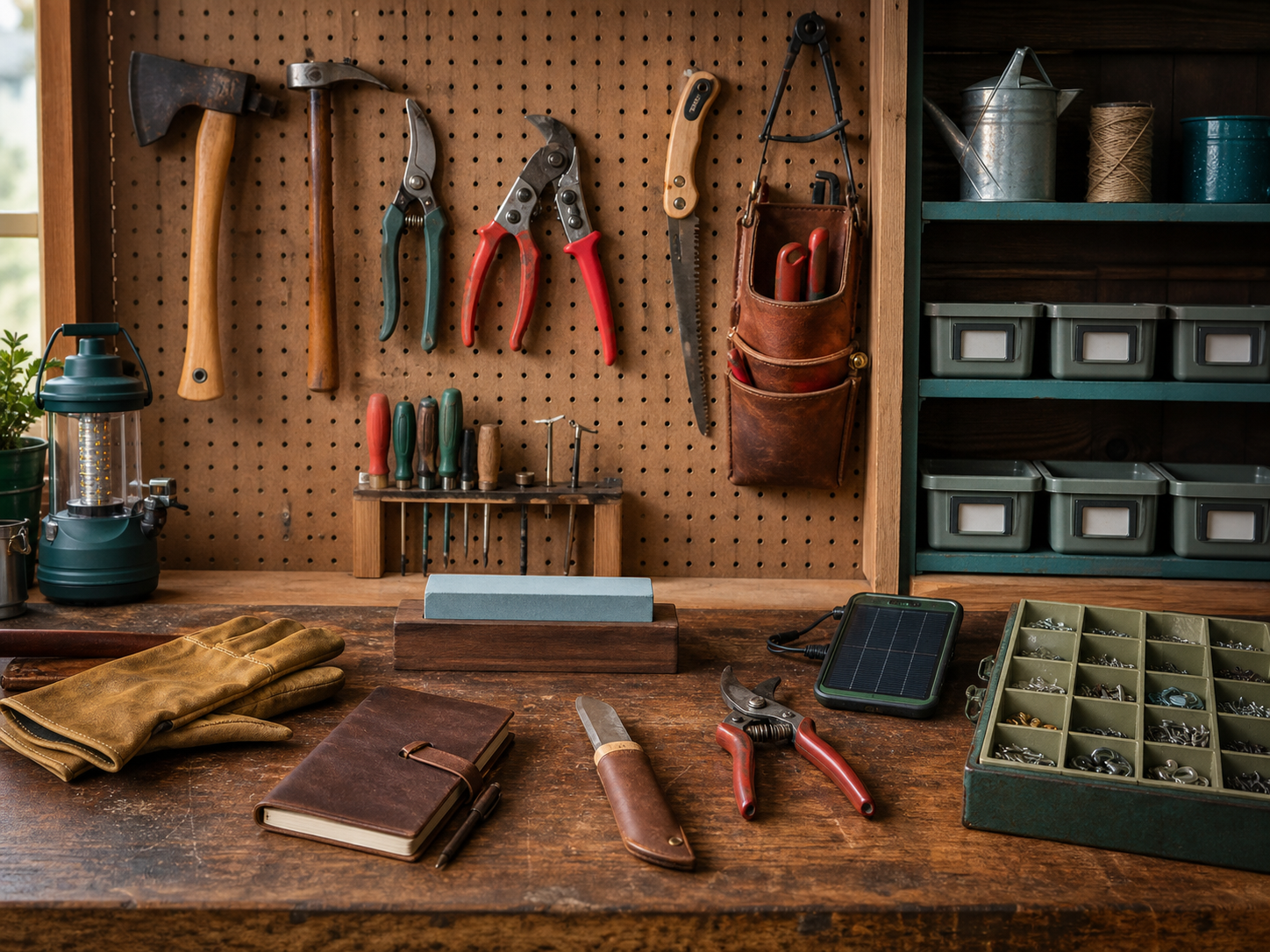 Organized homestead workshop with hand tools, gloves, sharpening stone, solar charger, and hardware bins.