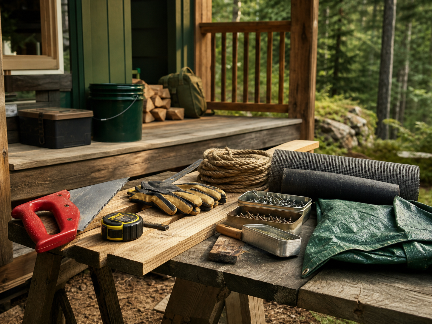Porch repair workbench with saw, measuring tape, gloves, rope, fasteners, boards, and weatherproofing materials.