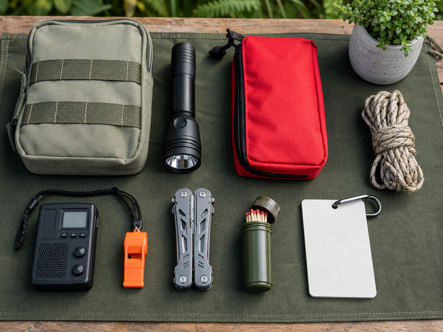Compact readiness kit with flashlight, radio, first aid pouch, cordage, whistle, and blank checklist card.