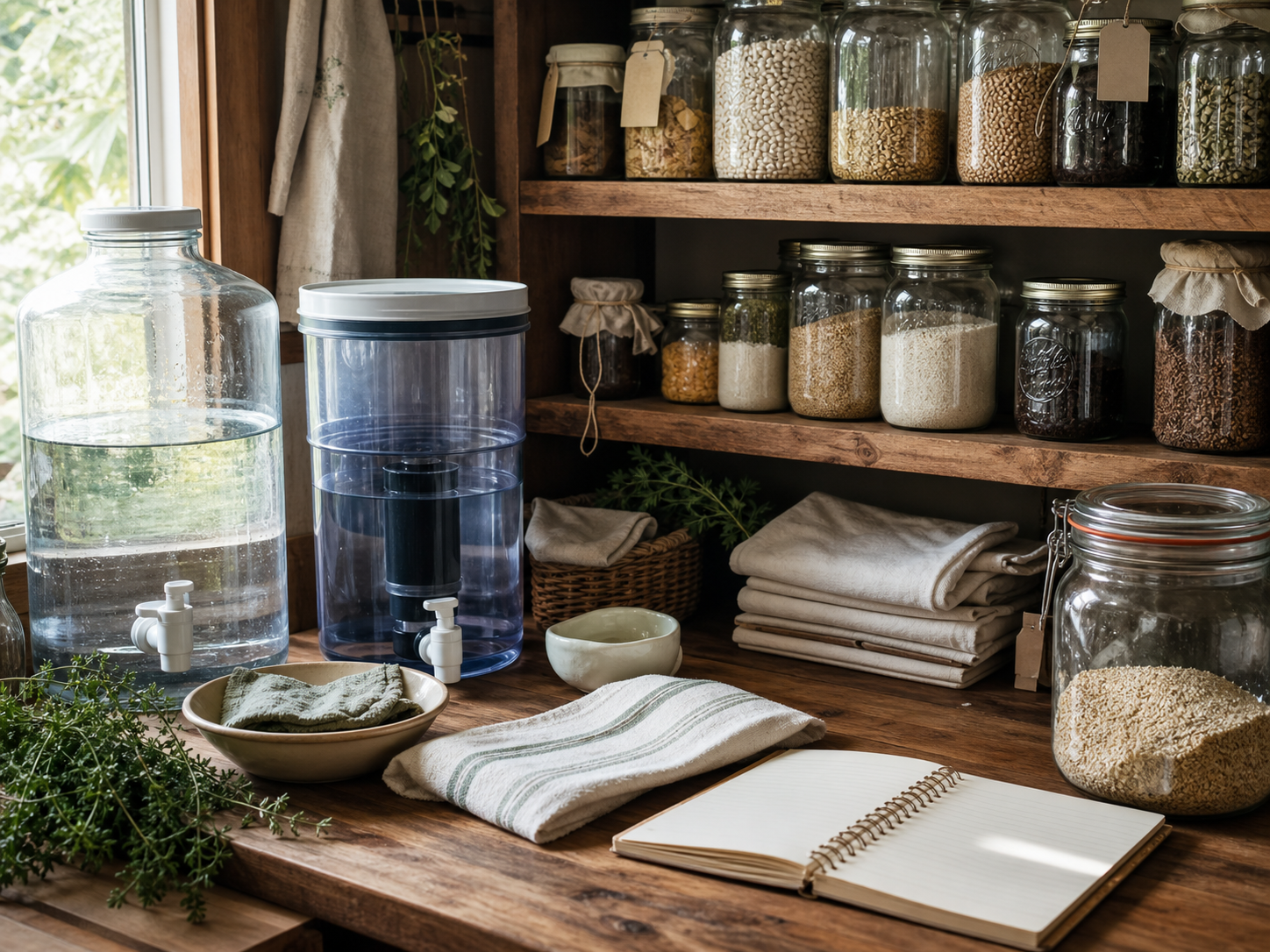 Pantry shelf with water storage, dry goods in jars, towels, herbs, and a blank notebook.