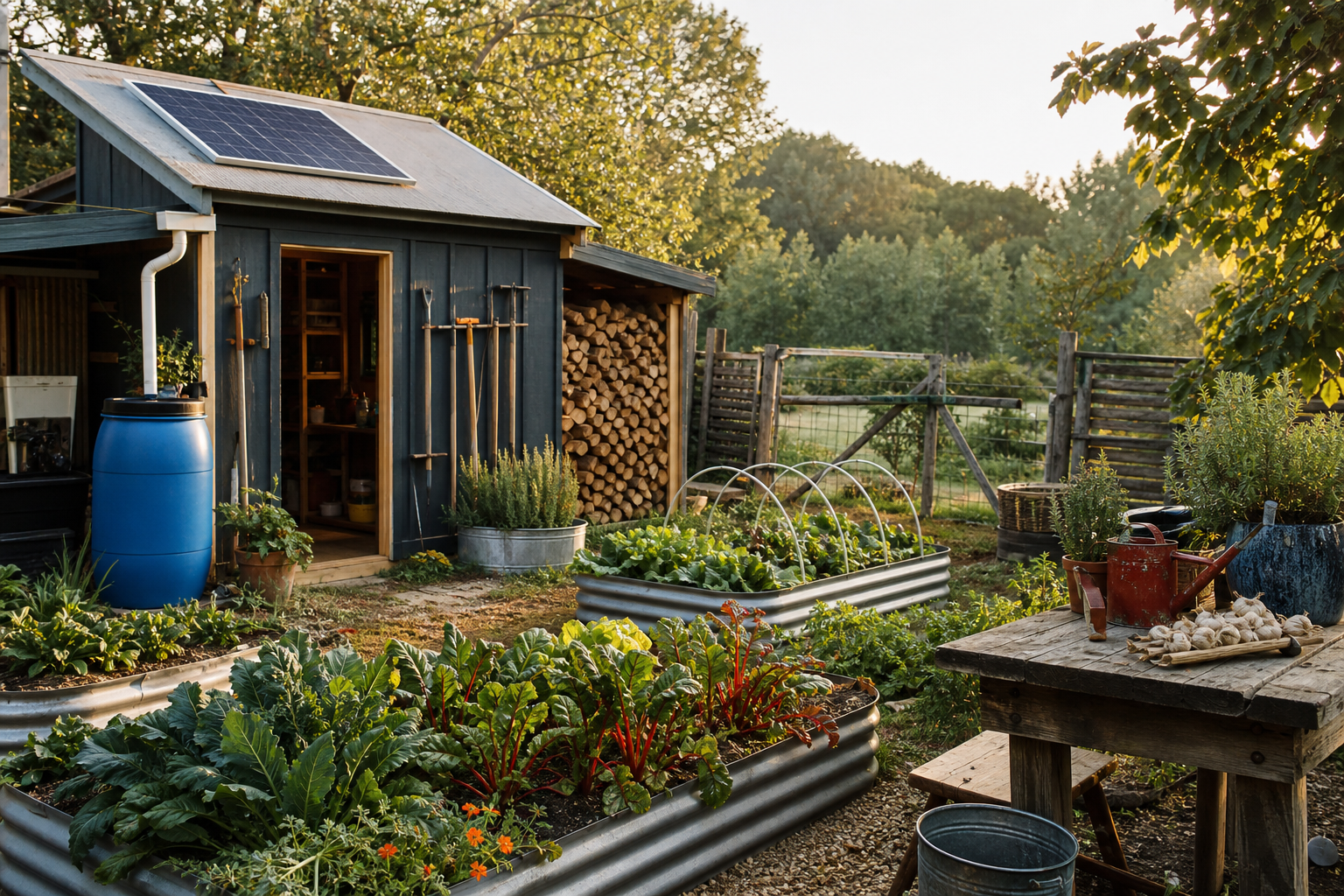 Small homestead garden with raised beds, rain barrel, tool shed, stacked firewood, and solar panel.