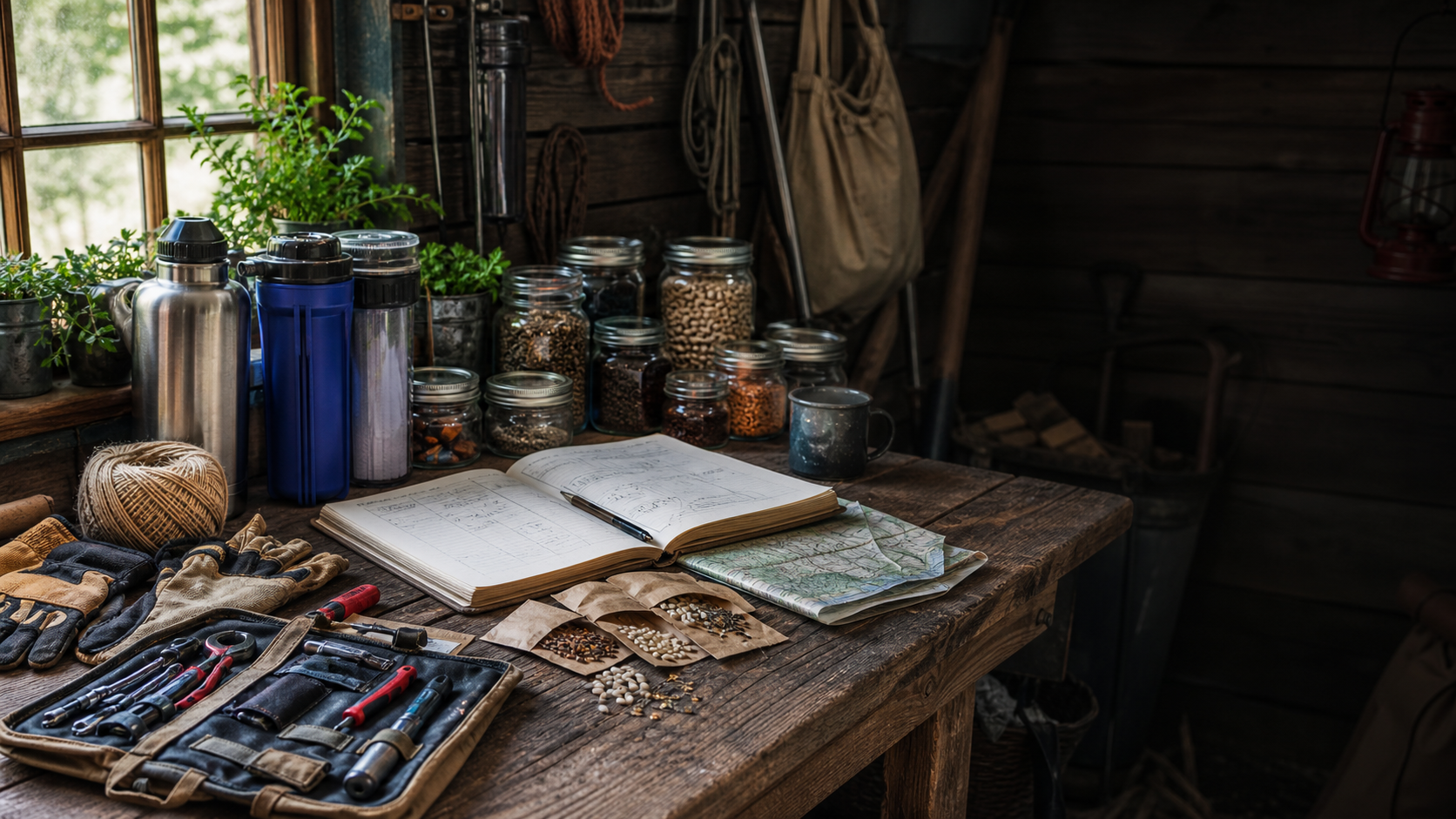 Homestead workbench with planning notebook, pantry jars, water filter, gloves, maps, and hand tools.